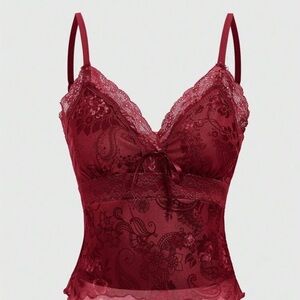 Lace Trim Burgundy Camisole Tank Top